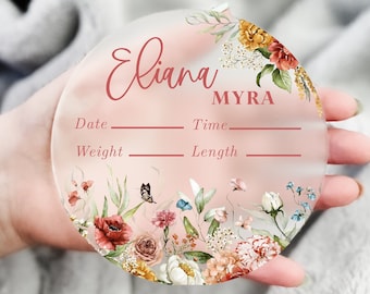 Acrylic Birth Announcement Sign Newborn Birth Stats Sign for Hospital Baby Photo Prop Round Hospital Sign for Baby Girl Baby Name Plate