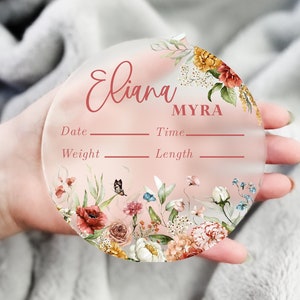 Acrylic Birth Announcement Sign Newborn Birth Stats Sign for Hospital Baby Photo Prop Round Hospital Sign for Baby Girl Baby Name Plate