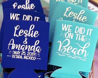 We Did It On The Beach Favors for Guests Wedding Favors Personalized Can Coolers Custom Wedding Party Gifts Beach Wedding Can Cooler