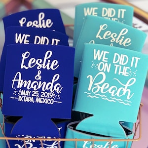 We Did It On The Beach Favors for Guests Wedding Favors Personalized Can Coolers Custom Wedding Party Gifts Beach Wedding Can Cooler