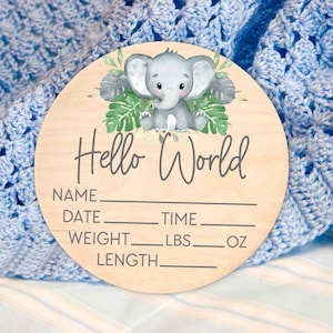 Birth Stat Sign for Newborn Baby Name Announcement Hello World Elephant Hospital Photography Prop Shower Gift for Nursery