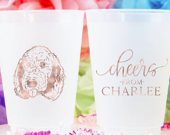 Wedding Frosted Cups, Custom Illustration Cups, Pet Sketch Frost Flex Cup, Pet Drawing Cups, Pet Lover Wedding, Foil Stamped Wedding Cups