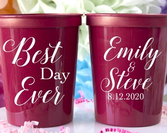 Tazas de estadio personalizadas, tazas de fiesta de bodas, el mejor día de la historia, tazas de plástico reutilizables, tazas impresas personalizadas, favores de boda para invitados, tazas de boda