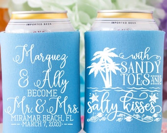 Personalized Wedding Can Coolers, Beach Wedding Favors, Sandy Toes and Salty Kisses, Mr and Mrs Can Cooler, Summer Wedding, Beer Huggers