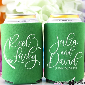 Reel Lucky, Custom Wedding Can Cooler, Fisherman Wedding Can Cooler, Wedding Can Huggger, Fishing Theme Wedding, Wedding Favors