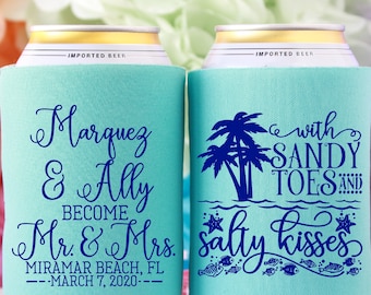Sandy Toes Salty Kisses, Wedding Favor Can Cooler, Mr and Mrs Wedding Can Cooler, Wedding Can Huggers, Tropical Wedding Can Cooler