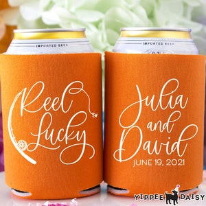 Personalized Wedding Can Coolers, Fisherman Wedding Favors, Fishing Theme Wedding Can Holders, Wedding Reception Can Hugger