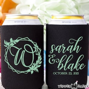 Personalized Wedding Can Coolers, Custom Wedding Favors, Engagement Party Can Holders, Wreath Wedding Can Coolers, Monogrammed Can Huggers