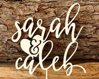 Wooden Wedding Cake Topper, Heart Custom Cake Topper, Wedding Cake Decoration, Couple's Name Cake Topper, Engagement Party Cake Topper