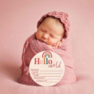 Hello World Newborn Sign - Baby Name Birth Announcement Plaque for Hospital - Photo Prop - Nursery Decor - Baby Shower Gift - Date Time