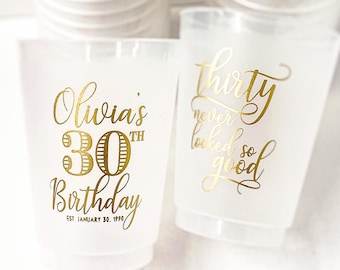 30th Birthday Shatterproof Cups Custom Frosted Cups Personalized Favor Ideas Dallas Gold Plastic 16 oz 9 oz