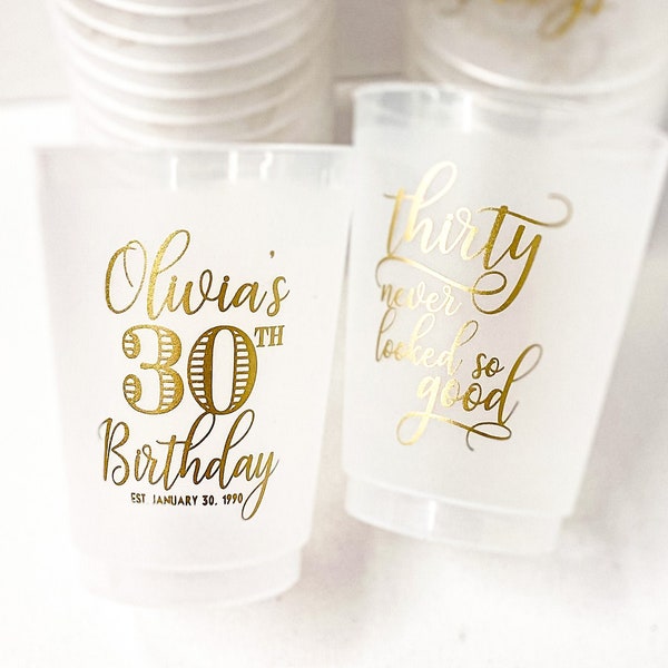 30th Birthday Shatterproof Cups Custom Frosted Cups Personalized Favor Ideas Dallas Gold Plastic 16 oz 9 oz