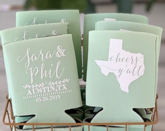 Personalized Wedding Can Coolers, Cheers Y'all, Destination Wedding, Texas Wedding Favors for Guests, Rustic Wedding, Wedding Favor Ideas