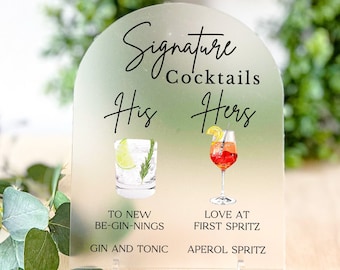 Bar Menu Signature Cocktails Drinks Menu Frosted Acrylic Clear Acrylic Glass Look Acrylic Wedding Sign His and Her Drinks Bar Sign for Event