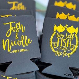 Two Less Fish in the Sea Wedding Favors for Guests Personalized Can Coolers Rehearsal Favor Custom Wedding Favor Fishing Wedding Decor