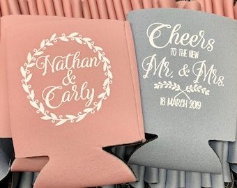 Personalized Wedding Favors for Guests Rustic Wedding Can Coolers Cheers to the New Mr & Mrs Wedding Reception Beer Huggers Floral Wreath