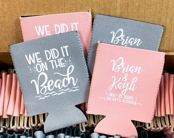 Tropical Wedding Favors We Did It On The Beach Party Favors Summer Wedding Decor Custom Can Coolers Destination Wedding Favors for Guests