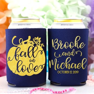 Fall in Love Wedding Can Coolers Pumpkin Wedding Personalized Wedding Favors for Guests Autumn Wedding Custom Can Coolers Rehearsal Favor