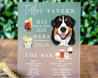 May include: A light blue and green sign with the text "Tilly's Tavern" at the top. The sign lists drinks under the headings "His" and "Hers" and includes a cartoon image of a Bernese Mountain Dog. The sign also lists "The Bar" with a menu of beer, spirits, wine, and non-alcoholic drinks.