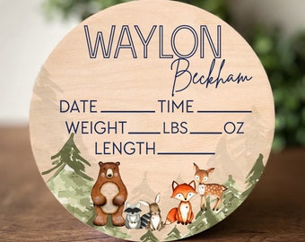 Baby Name Birth Announcement Baby Boy Gift Sign Woodland Decor Birth Stat Sign Baby Nursery Decor Boy Name Sign Animal Theme Nursery Gift