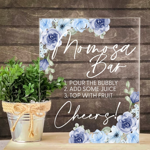 Mom-osa Bar Sign Momosa Bar Sign Blue Baby Shower Decor Gold Mirror Acrylic Sign Blue Floral Bar Cart Decor Champagne Bar Mimosa Bar