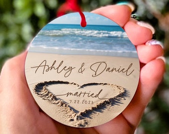 Married Christmas Ornament Beach Gift for Newlywed Gift for Bride and Groom Mr & Mrs Keepsake for Couple Honeymoon Keepsake Sandy Beach