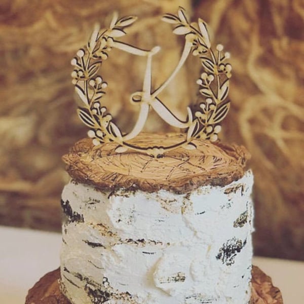 Monogram Cake Topper, Wreath Cake Topper, Wedding Cake Topper, Bridal Shower Cake Topper, Letter Cake Topper, Initial Cake Topper