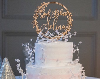 Wreath Cake Topper, Custom Baptism Cake Topper, God Bless Cake Topper, Christening Cake Topper, Custom Cake Decor, Modern Cake Topper