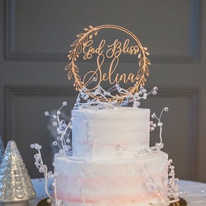 Wreath Cake Topper, Custom Baptism Cake Topper, God Bless Cake Topper, Christening Cake Topper, Custom Cake Decor, Modern Cake Topper