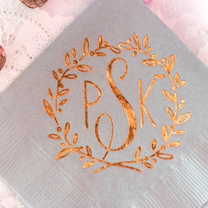 Wedding Napkins, Personalized Napkins, Monogrammed Napkins, Monogram Napkins, Wedding Favors,  Cocktail Napkins, Copper Foil Wedding Decor