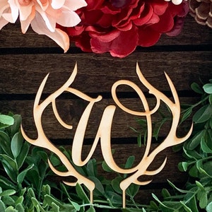 Rustic Wedding Cake Topper, Fall Wedding, Antler Wedding, Monogram Wedding Cake Topper, Personalized Wedding Cake Topper, Custom Cake Topper