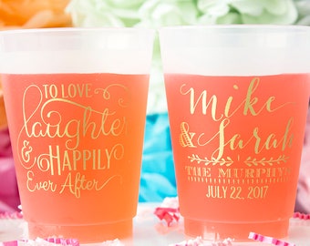 Frosted Cups, Wedding Cups, Shatterproof Cups, Love, Laughter & Happily Ever After, Gold Wedding Favor, Party Cups, Personalized Cups