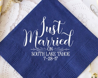 Just Married Cocktail Napkins Custom Napkins Paper Napkins Luncheon Dinner Wedding Napkins Personalized Napkins Wedding Favors for Guests