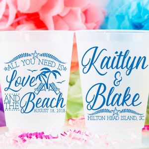 Beach Wedding Cups, Tropical Wedding Favor Cups, Engagement Party Cups, Personalized Plastic Cups, Custom Frosted Cups, Frost Flex Cups