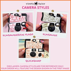 May include: Five disposable cameras with custom graphic designs featuring text like Megan's Bachelorette, Camp Jenn, and Audrey & Coleman. The cameras display various illustrations including palm trees, dice, and disco balls, labeled as Funsaver/Side Flash, Funsaver, and Quicksnap styles.