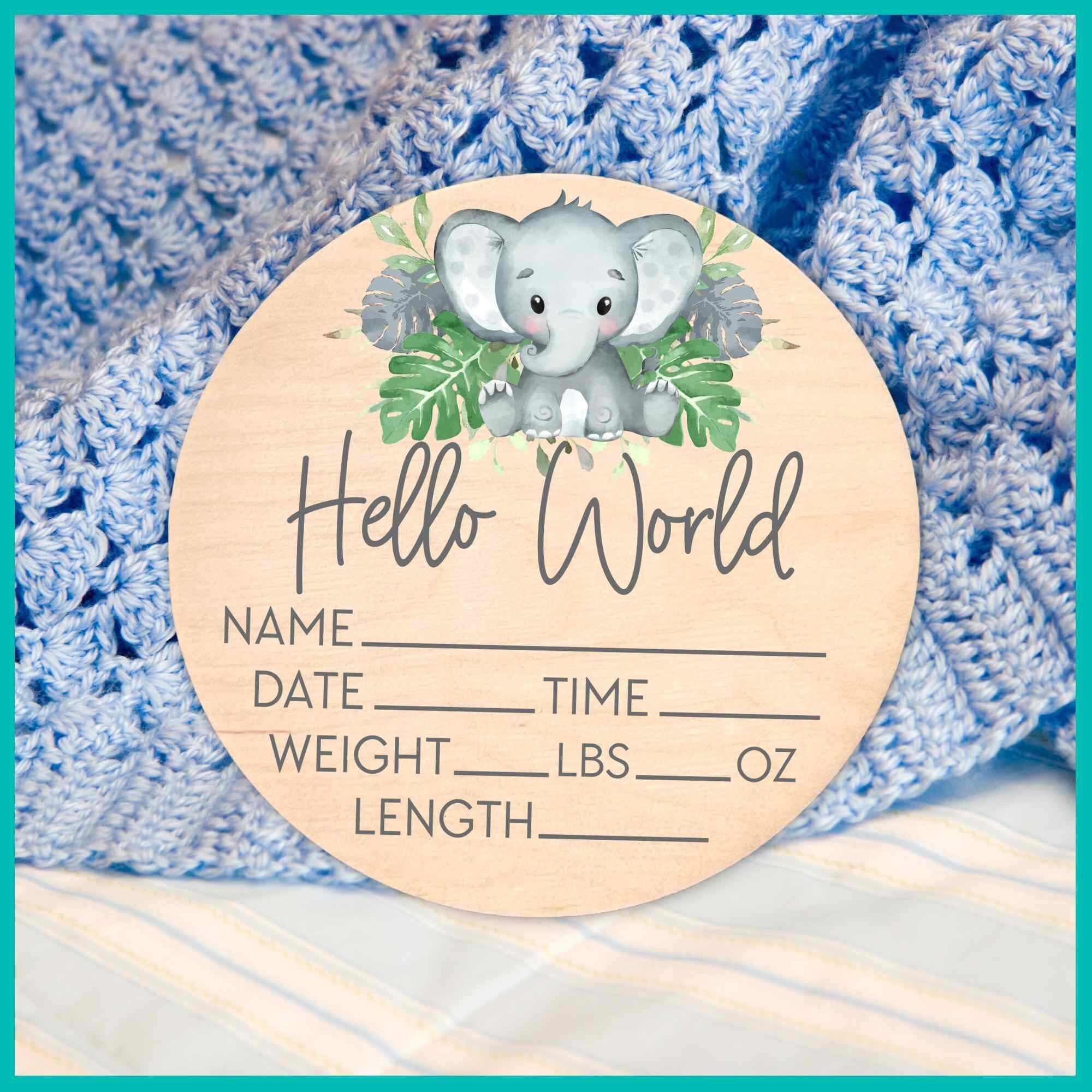 Birth Stat Sign for Newborn Baby Name Announcement Hello World Elephant Hospital Photography Prop Shower Gift for Nursery