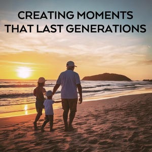Photo of grandfather walking on the beach with grandkids – "Creating Moments That Last Generations" messaging for family gifts.