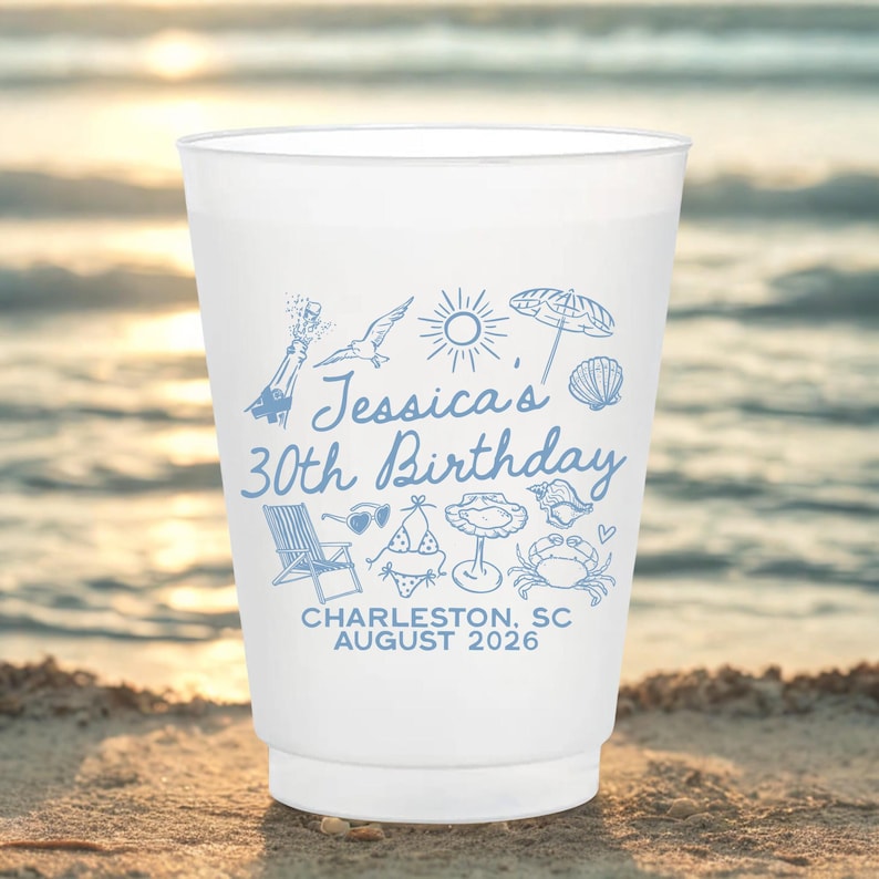 Beach Birthday Cups Coastal Birthday Party Decor Custom Frosted Cup for 21st 30th 40th 50th Serenity Blue