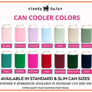 Full color selection for custom “Lake Crew” bachelorette can coolers, available in slim and standard sizes to match bridal party themes.
