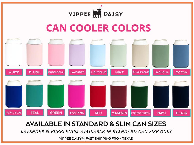 Full color selection for custom “Lake Crew” bachelorette can coolers, available in slim and standard sizes to match bridal party themes.