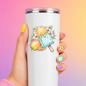 Pegatina UV DTF para paleta helada de mango, dulce tropical congelado, pegatina para taza, pegatina para vaso, pegatina para computadora portátil, regalo de playa imagen 8