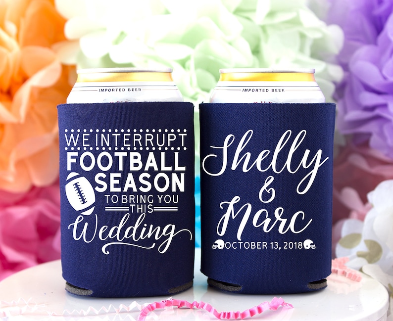 Custom Can Coolers Football Wedding Sports Wedding Tailgate Wedding Football Favors Wedding Giveaway Drink Holder Beer Can Holder image 8