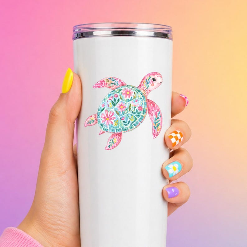 Pink Floral Sea Turtle Decal Watercolor Coastal Sticker UV DTF Glass Decal Laptop Sticker Ocean Lover Gift image 8
