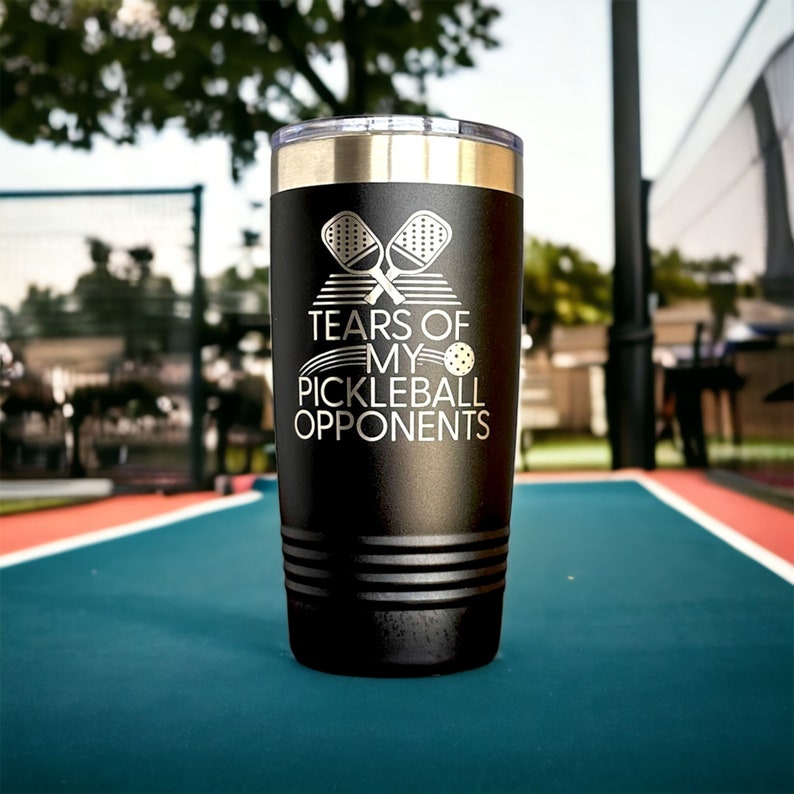 Black engraved cup with Tears of My Pickleball Opponents engraved.