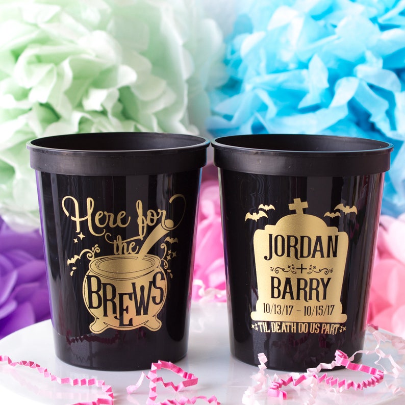 Halloween Wedding Cups, Personalized Cups, Halloween Party, Halloween Decor, Wedding Favors, Here for the Brews, Bachelorette Party Favor image 7