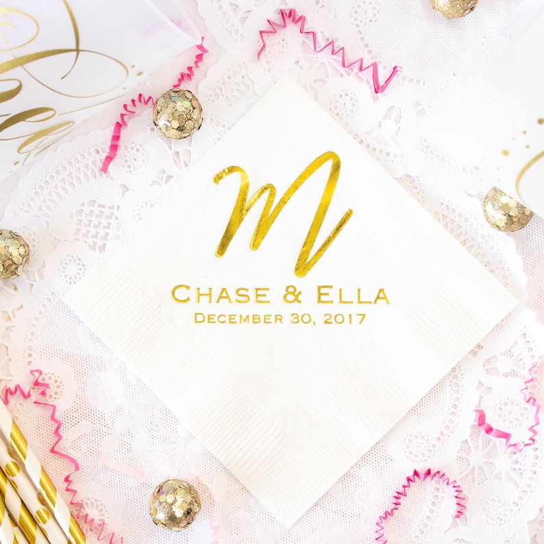 Personalized Wedding Napkins for Wedding Favors for Guests Gold Foil Napkins Custom Party Napkins Beverage Napkins Rehearsal Dinner Party