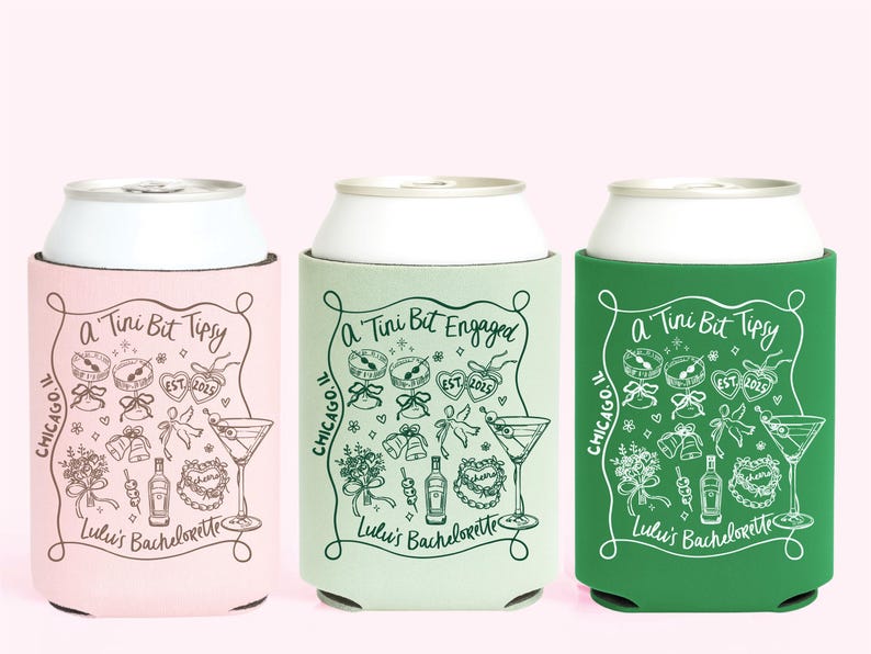 Martini Bachelorette Decor - A Tini Bit Engaged Can Cooler - Custom Bachelorette Party Favors - Dirty Martini Theme Decor - A Tini Bit Tipsy image 2