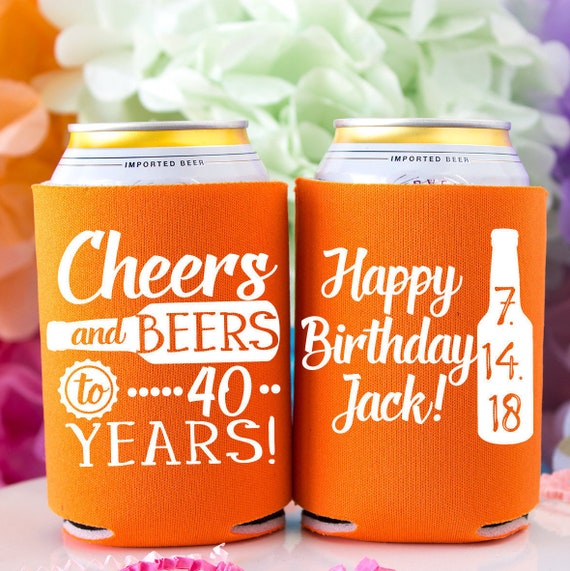 Custom Cheers and Beers Birthday Can Coolers