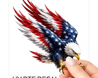 Descending Patriotic Eagle American Flag UV DTF Decal Bald Watercolor Red White Blue Fierce Sticker Tumbler Car Window Choose Size