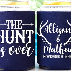 Rustic Wedding Favors for Guests The Hunt is Over Antler Wedding Personalized Wedding Can Coolers Country Wedding Reception Party Favors